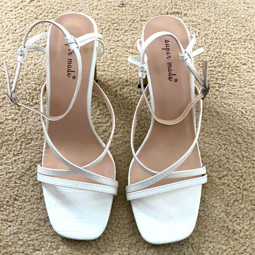 White strappy heeled sandals